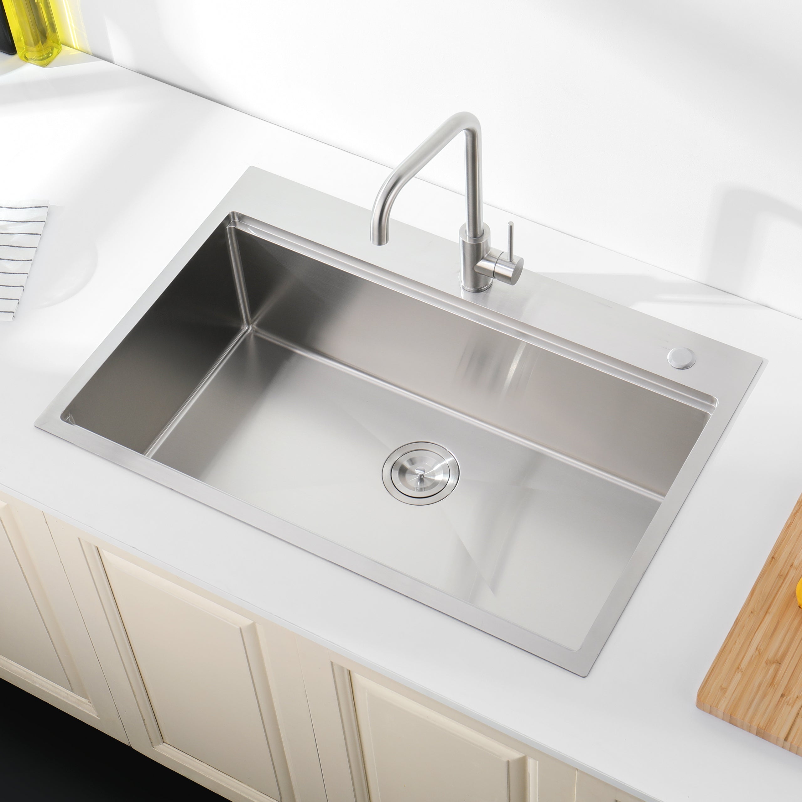 Stainless Steel Kitchen Sink, 36″x22″ Single Bowl, Overmount Handmade Sink in Brushed, with Cutting Board, Colander, Grid, SS-BR01-362208
