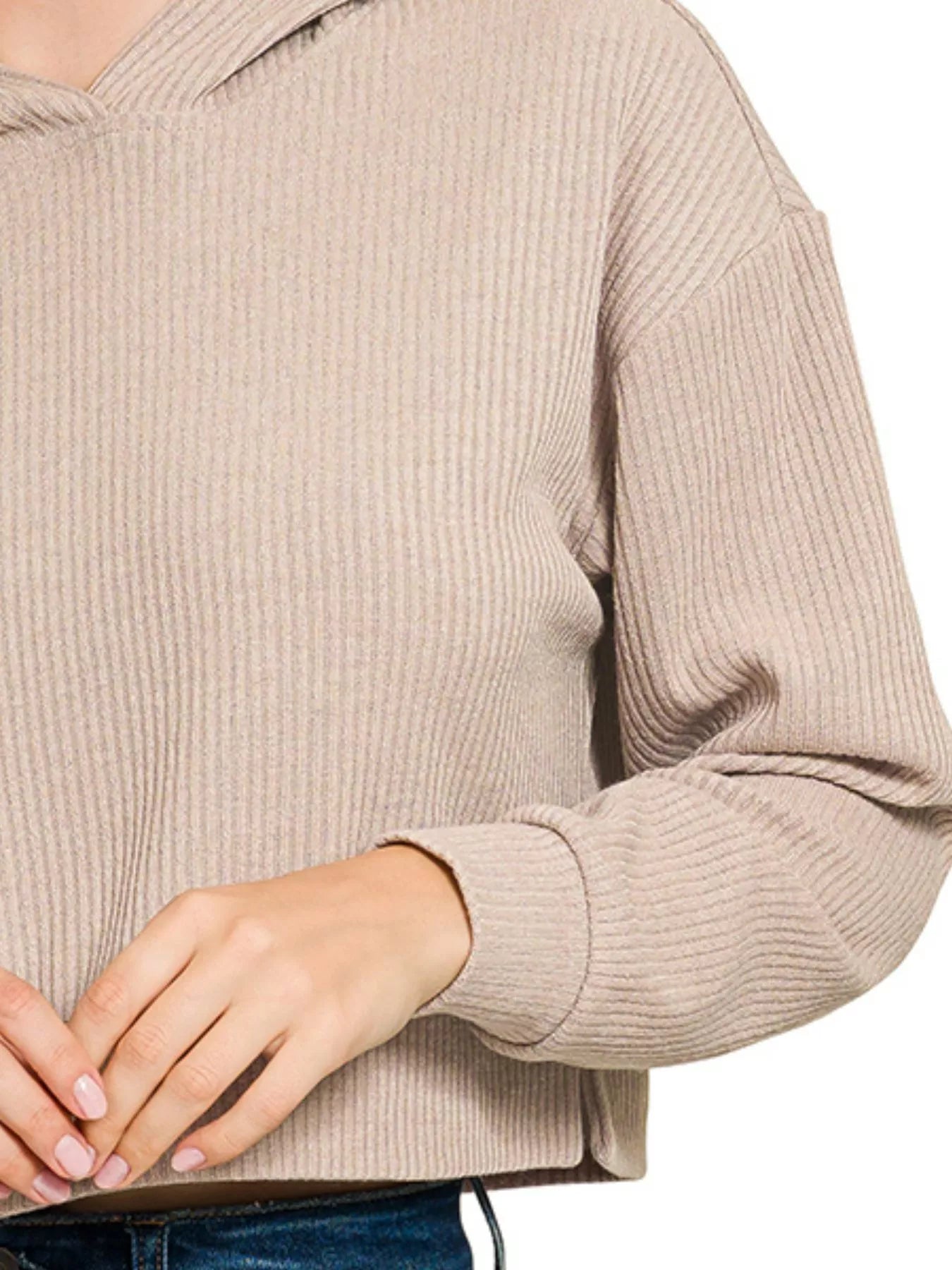 Zenana Drop Shoulder Ribbed Crop Hoodie