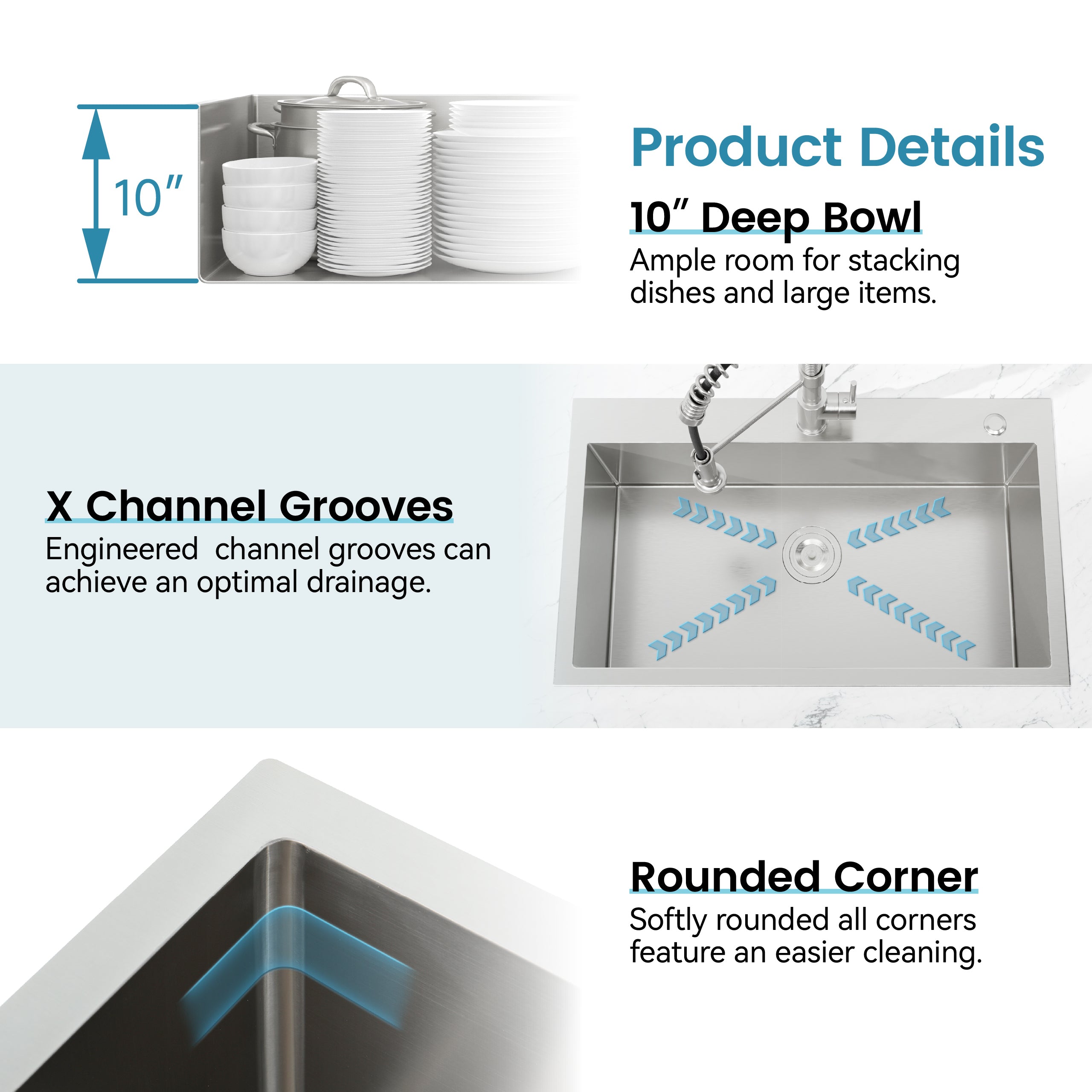 Stainless Steel Kitchen Sink, 27″x19″ Single Bowl, Overmount Handmade Sink in Dark Gray, with US Standard Drain and Hook