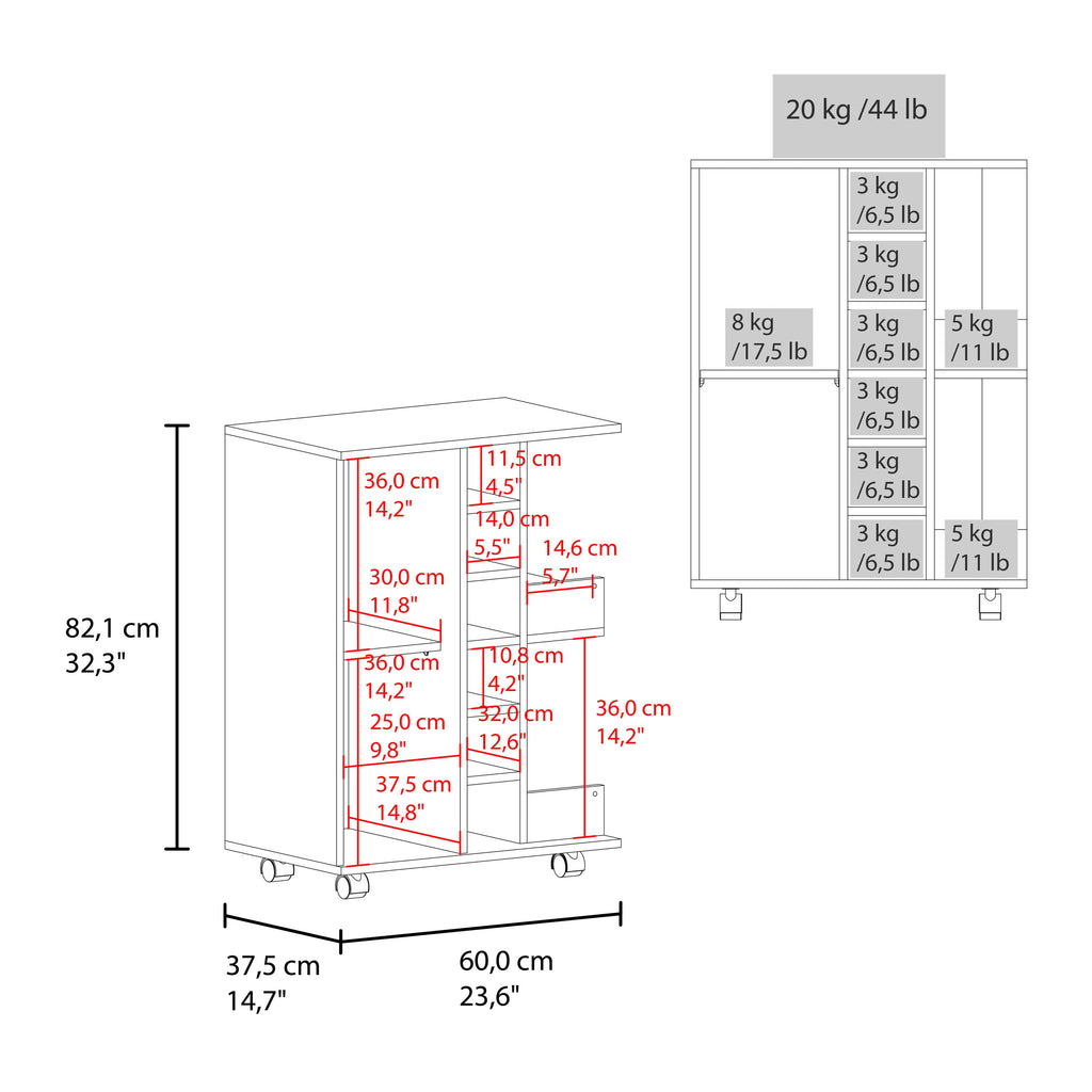 Bar Cart, Two External Shelves, Four Casters, Six Built-In Wine Rack, Single Door Cabinet