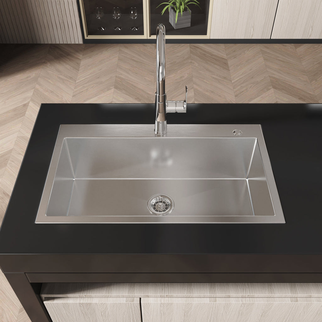 Stainless Steel Kitchen Sink, 32″x19″ Single Bowl, Overmount Handmade Sink in Brushed Nickel, with US Standard Drain and Hook, LS-SSBR02