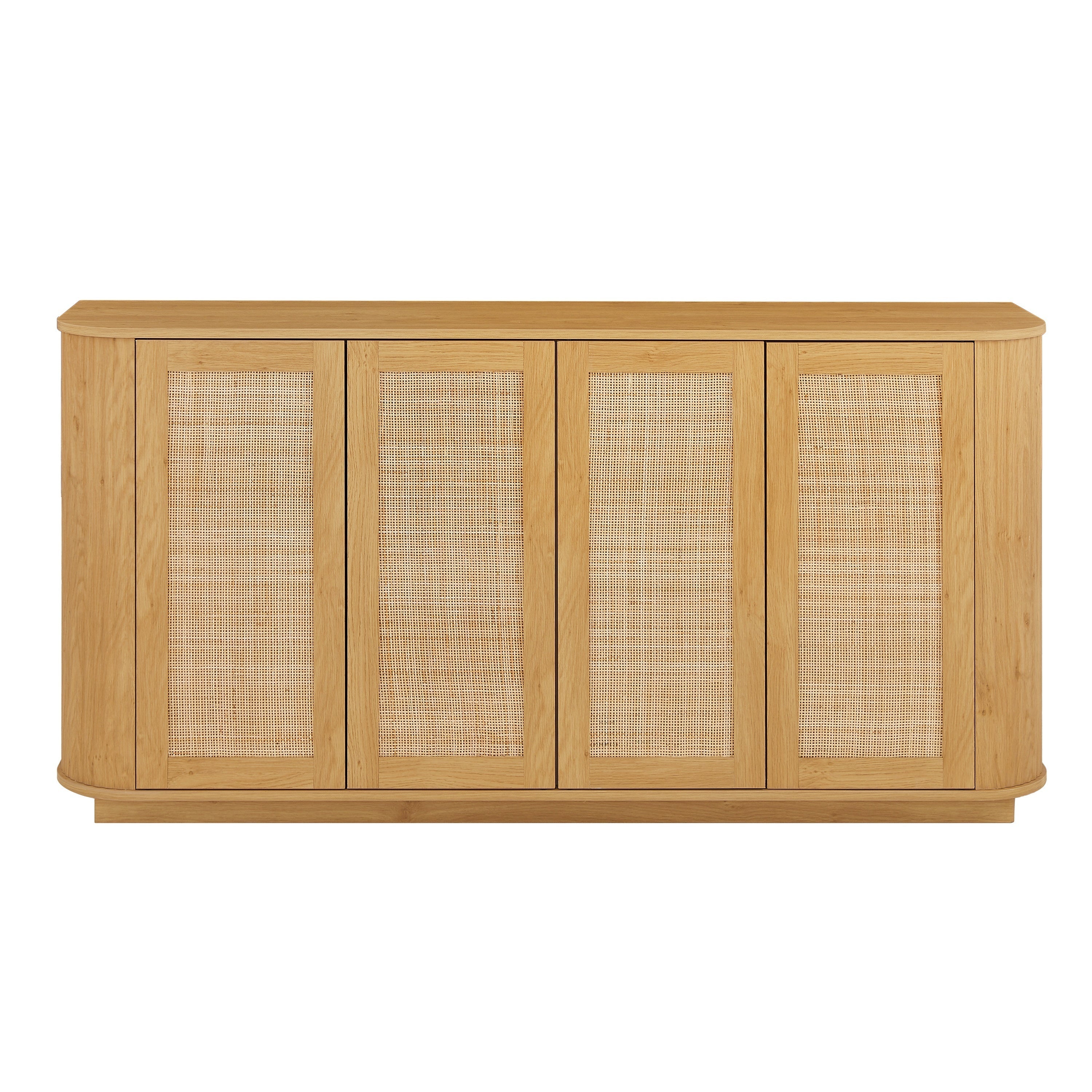 Contemporary Wave Shaped 64-Inch TV Stand with Rattan Doors in Natural Wood Finish