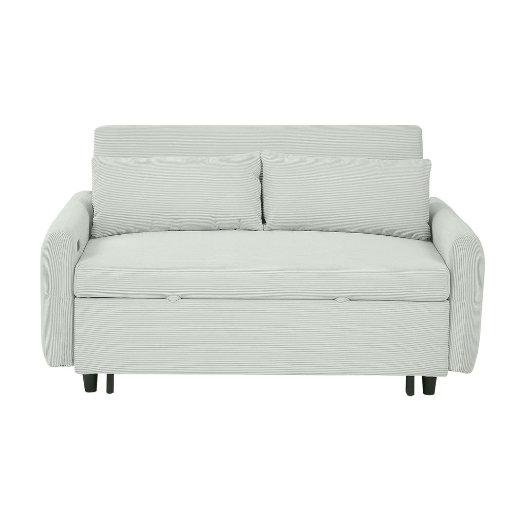 Modern Convertible Pull-out Sofa Bed Loveseat with USB Ports, Light Grey-Green Corduroy, 57.48 Inches