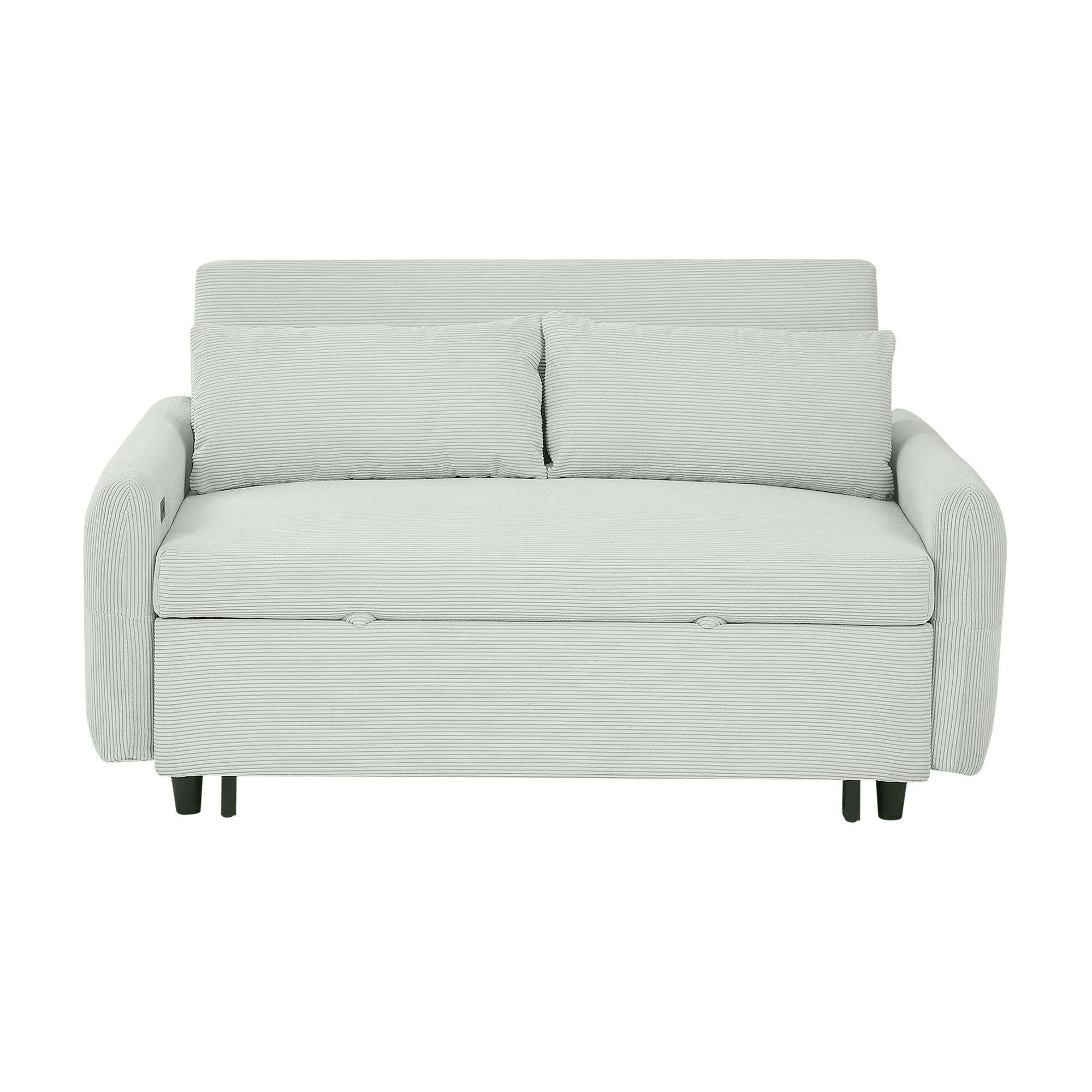 Modern Convertible Pull-out Sofa Bed Loveseat with USB Ports, Light Grey-Green Corduroy, 57.48 Inches