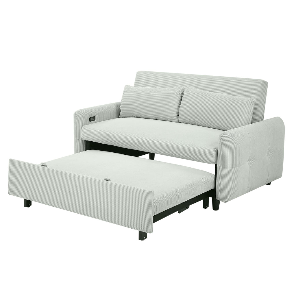 Modern Convertible Pull-out Sofa Bed Loveseat with USB Ports, Light Grey-Green Corduroy, 57.48 Inches
