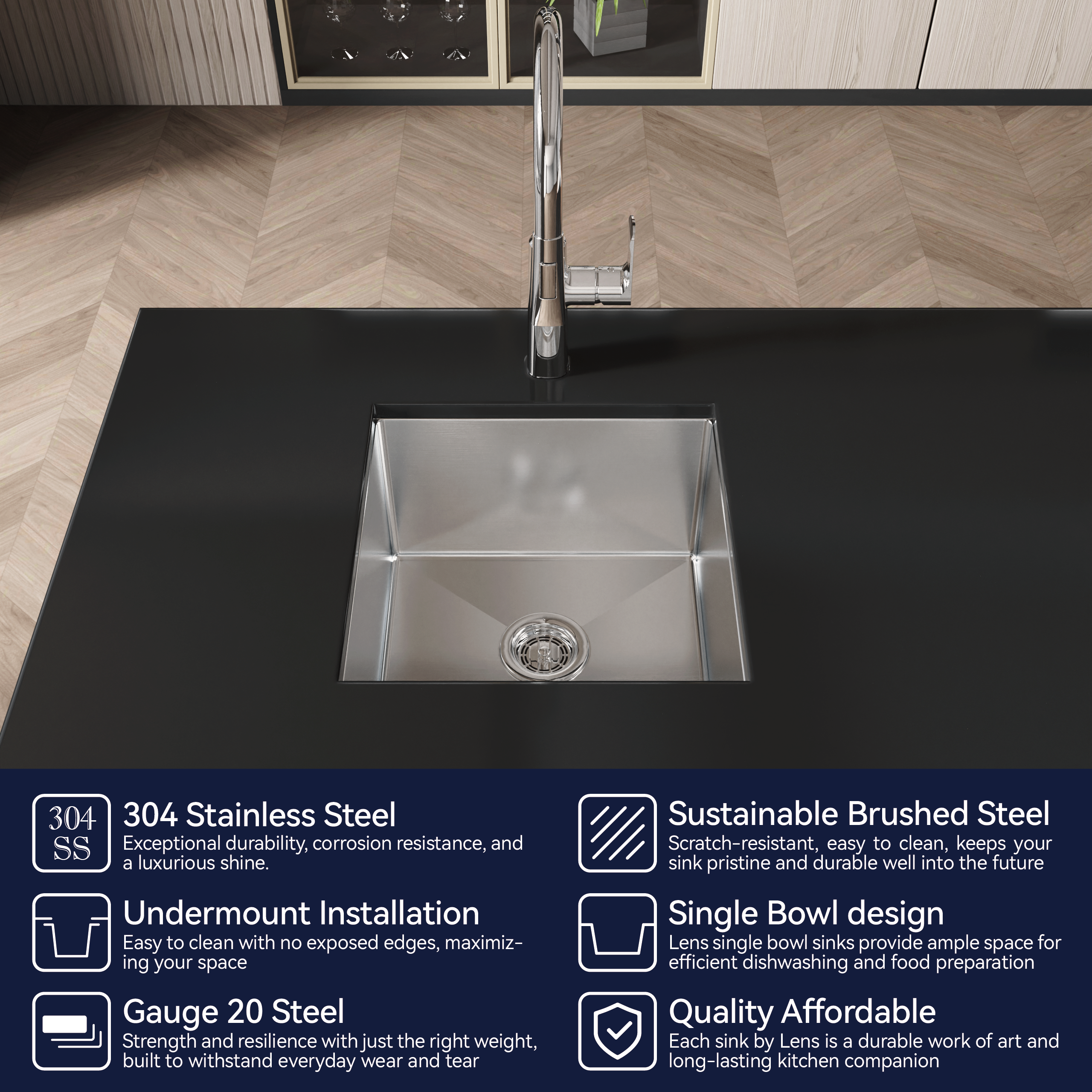 Stainless Steel Kitchen Sink, 18″x18″ Single Bowl, Undermount HandmadeSink in Brushed Nickel, with US Standard Drain and Hook, LS-SSBR07