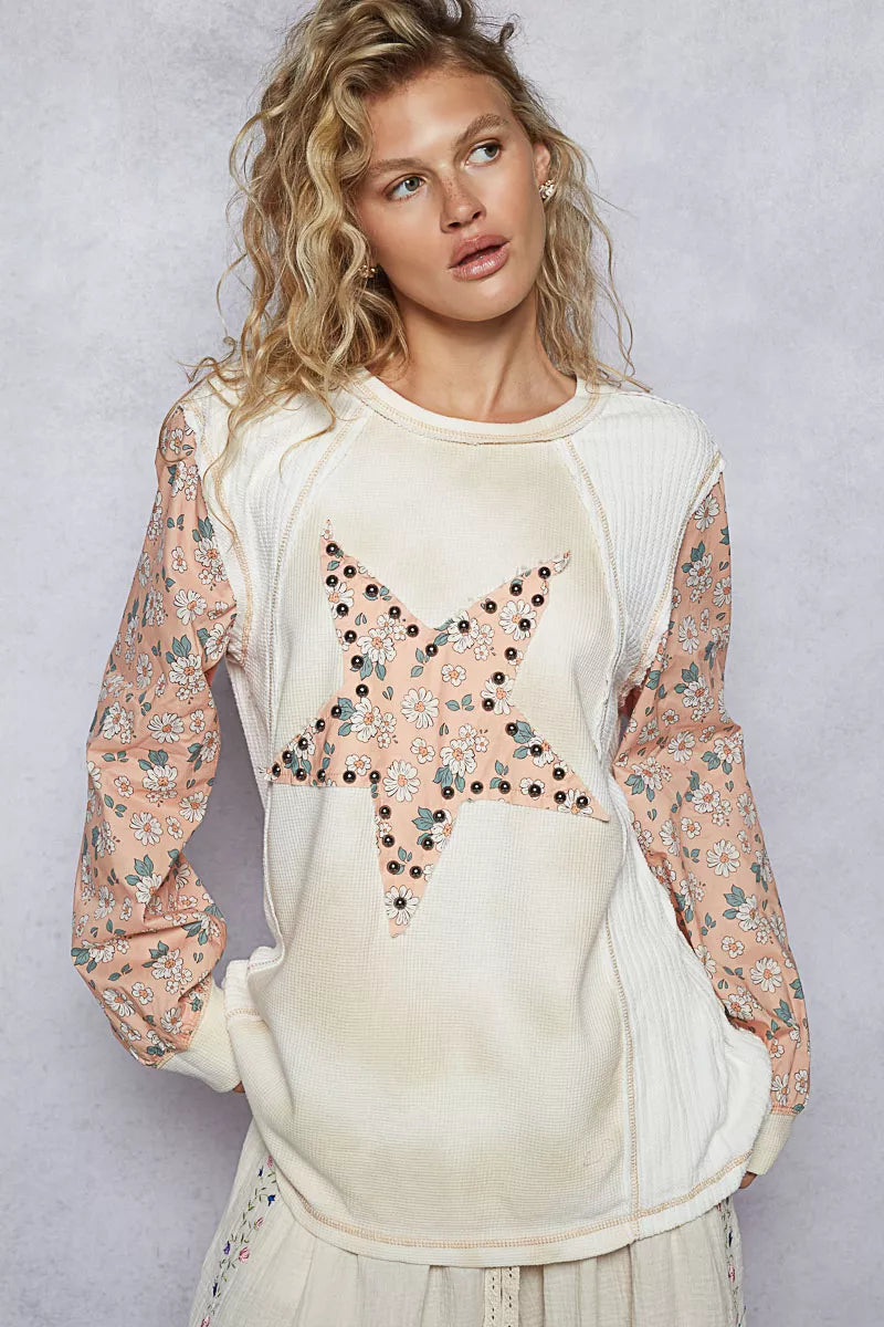 POL Exposed Seam Star Patch Thermal Top with Floral Sleeves