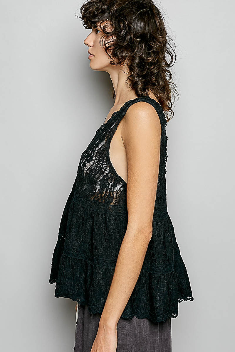 POL Deep V-Neck Scalloped Lace Sleeveless Top