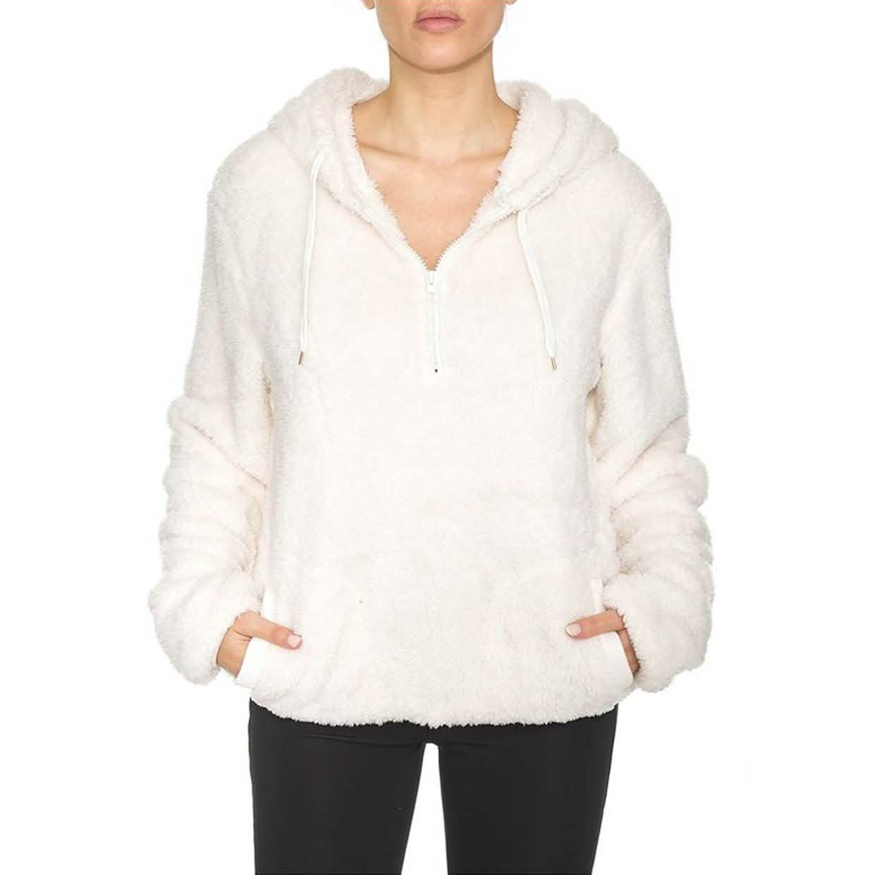 1/4 Zip Hooded Sherpa In and Out Lined Pull Over with 2 Pockets
