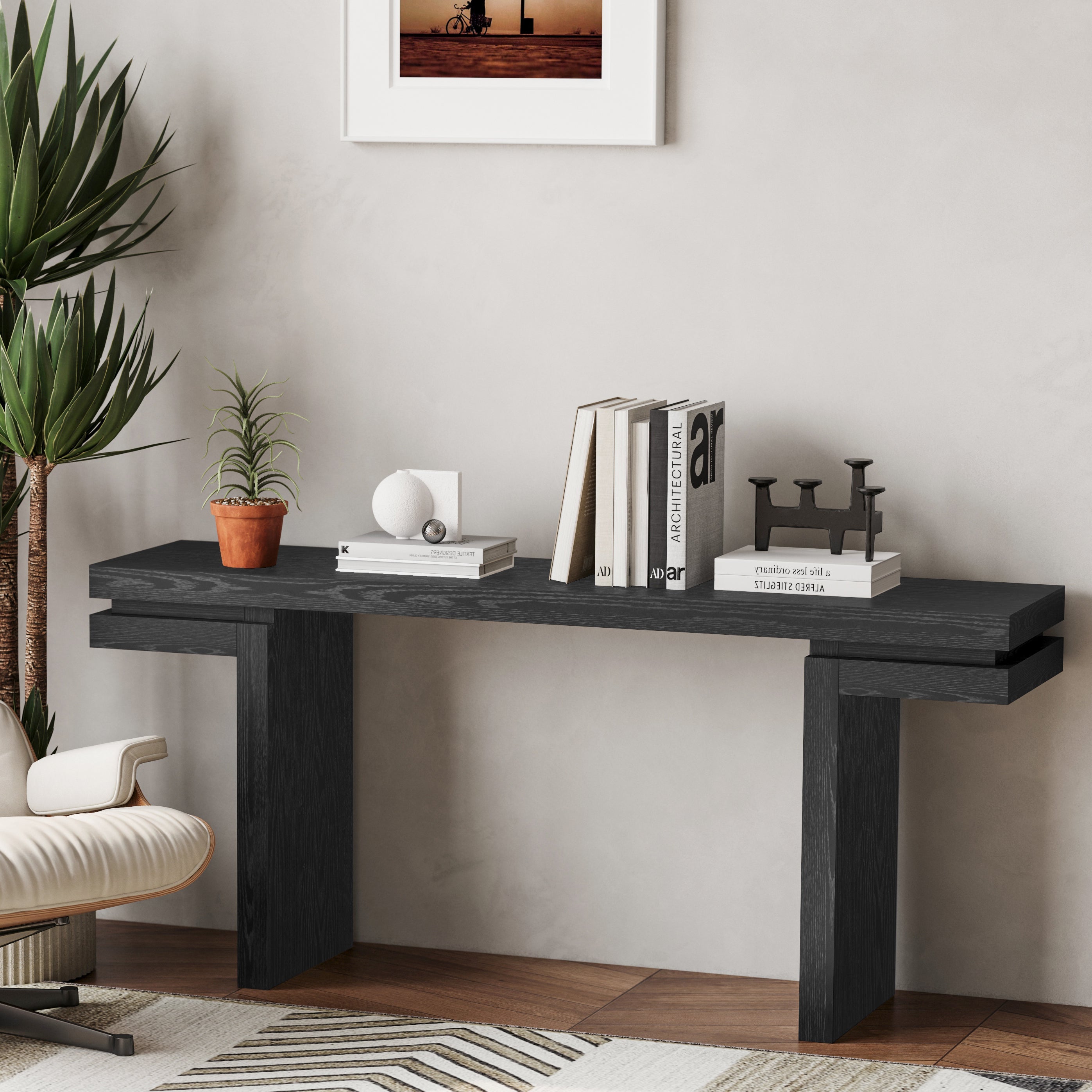 66' Extra Wide Real Wood Veneered Console Table, Minimalist Sofa Table Behind Couch for Entryway, Hallway, Living Room, Home Office, Black