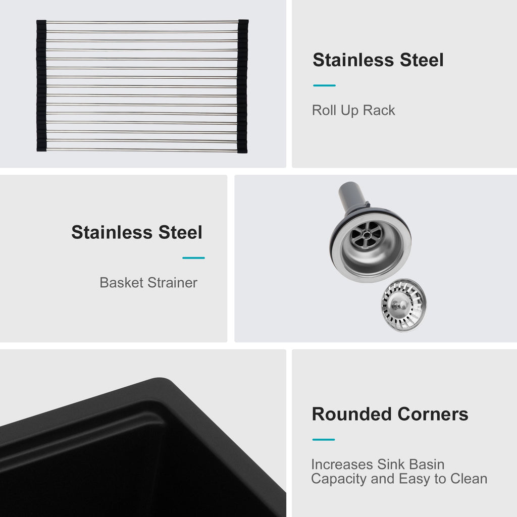 Quartz Composite Kitchen Sink Workstation Undermount 33x19 Inches Black Granite