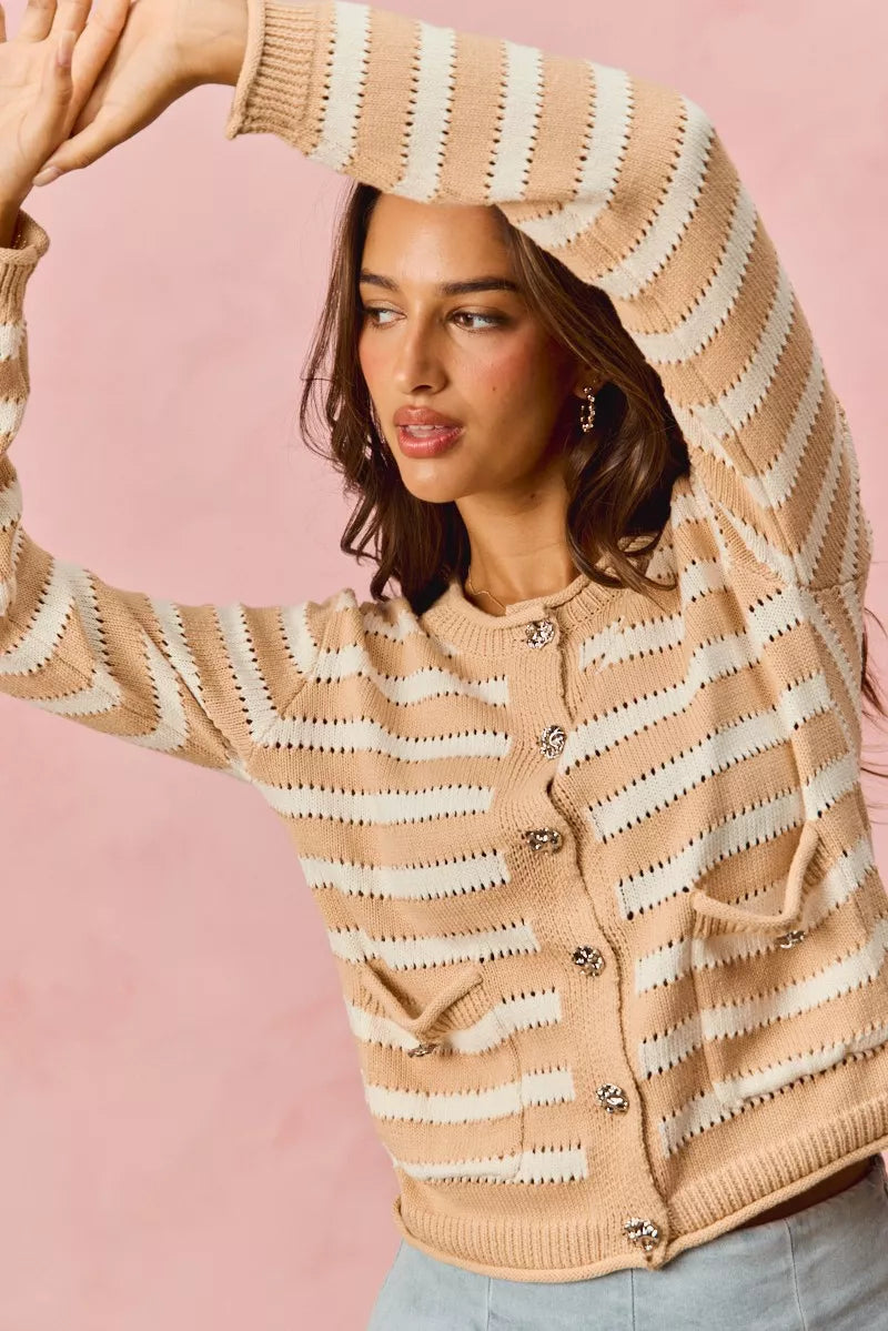 SO ME Stripe Long Sleeves Button Sweater Cardigan