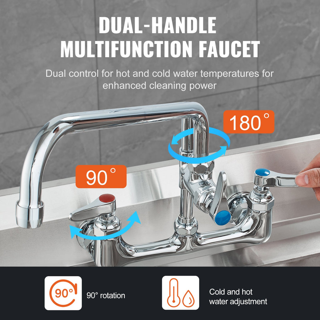 Commercial Faucet with Pre-Rinse Sprayer, 25' Height, 8' Center, 12' Swing Spout, Wall Mount Kitchen Sink Faucet, Brass Constructed Device with Pull Down Spray, for 1/2/3 Compartment Sink