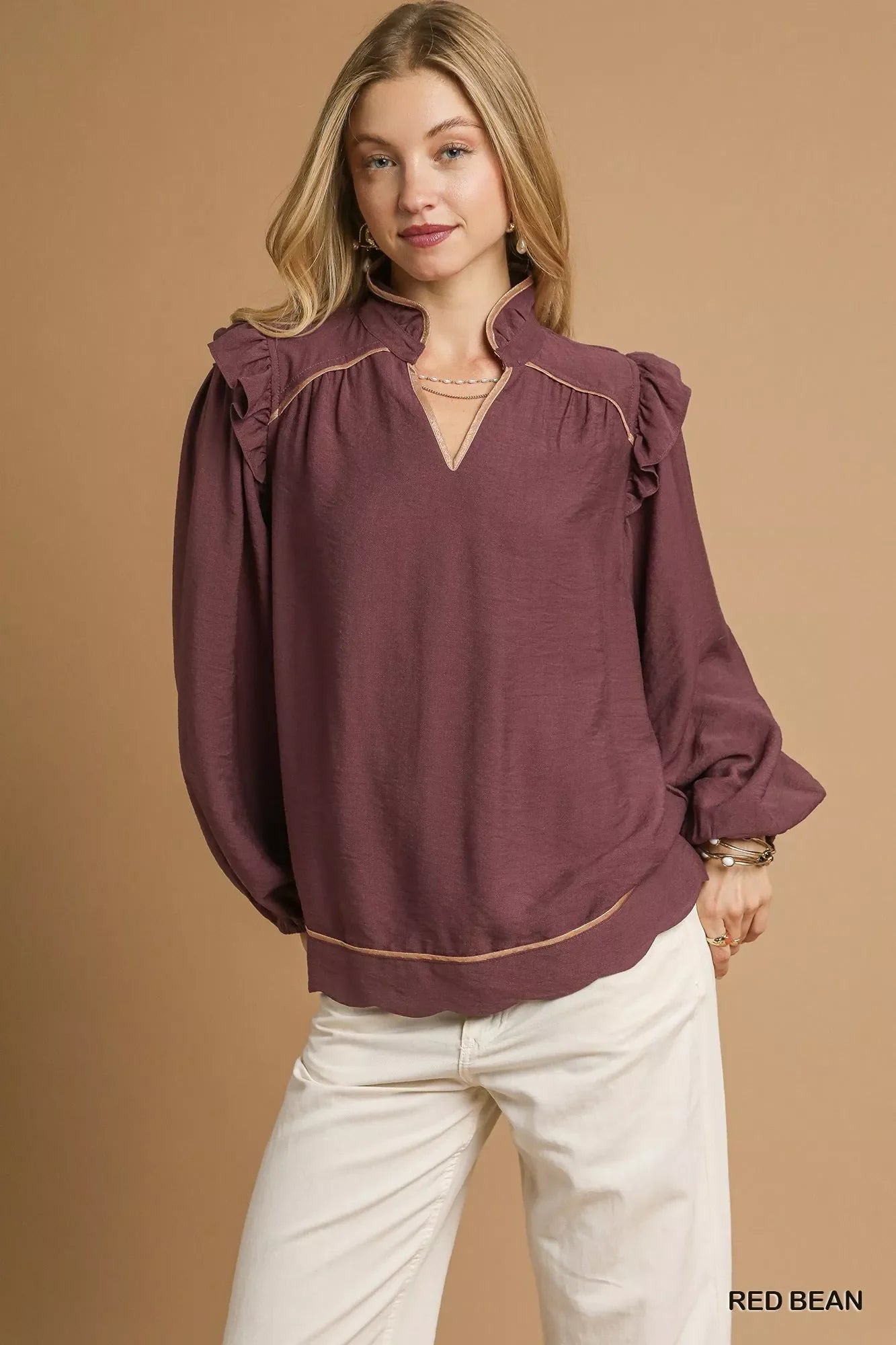 Umgee Ruffle Shoulder Long Sleeve Blouse