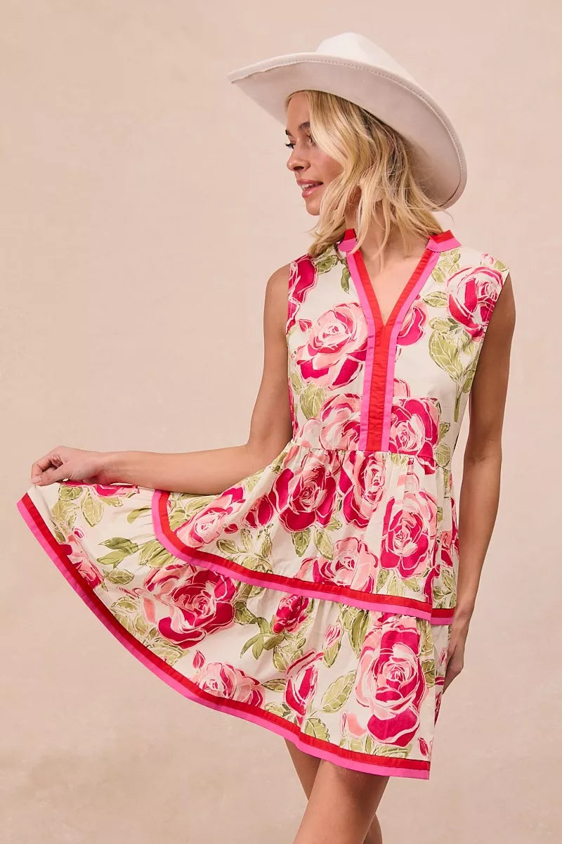 BiBi Floral Woven Contrast Edge Tiered Ruffle Mini Dress