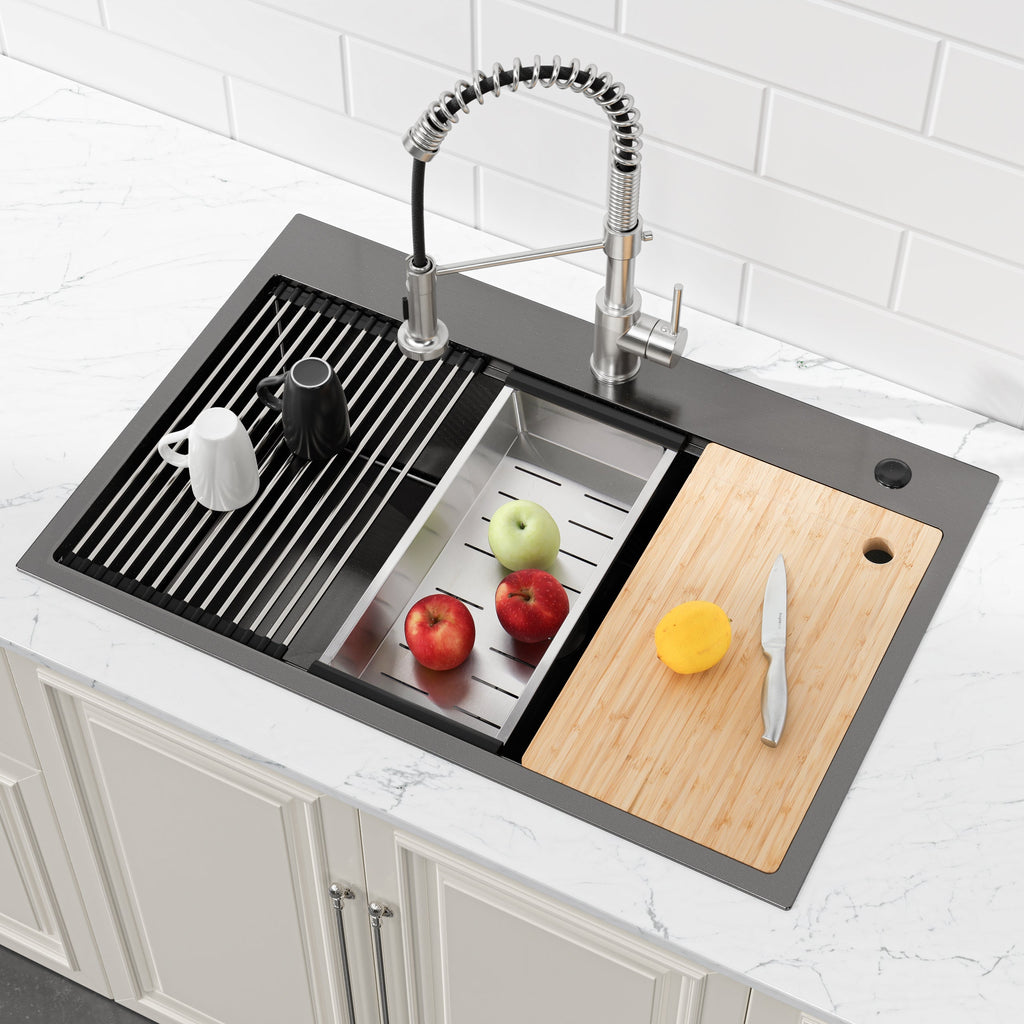 Stainless Steel Kitchen Sink, 30″x22″ Single Bowl, Overmount Handmade Sink in Black, with Cutting Board, Colander