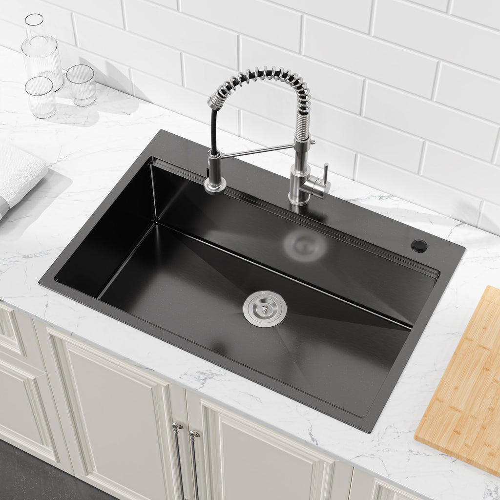 Stainless Steel Kitchen Sink, 33″x22″ Single Bowl, Overmount Handmade Sink in Black, with Cutting Board, Colander