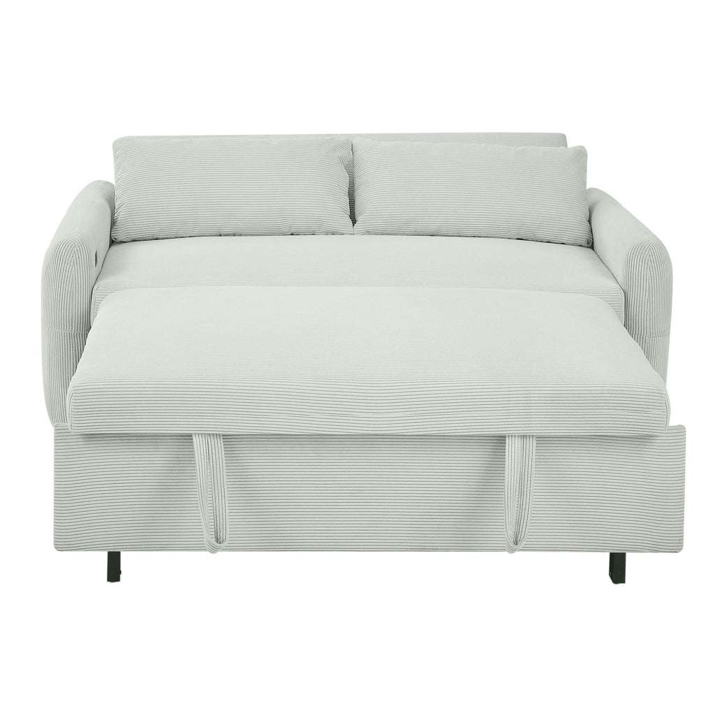 Modern Convertible Pull-out Sofa Bed Loveseat with USB Ports, Light Grey-Green Corduroy, 57.48 Inches