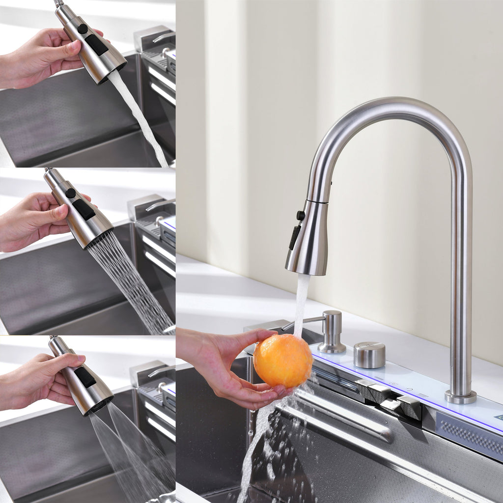 Pull-out Facuet Single Bowl Sink Kitchen Vegetable Sink 304 Whale Waterfall Sink Stainless Steel Dish Sink Vegetable Sink Household Vegetable Washing Basin, Dark Gray