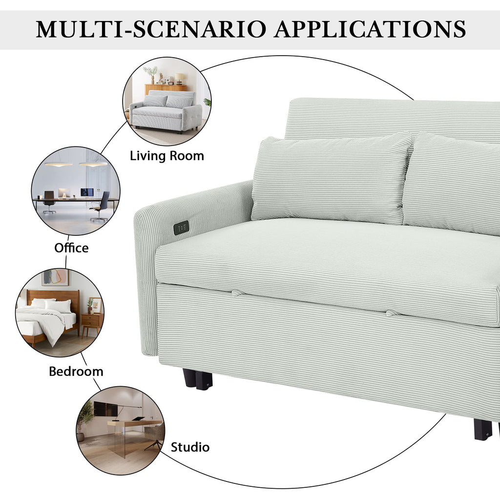 Modern Convertible Pull-out Sofa Bed Loveseat with USB Ports, Light Grey-Green Corduroy, 57.48 Inches