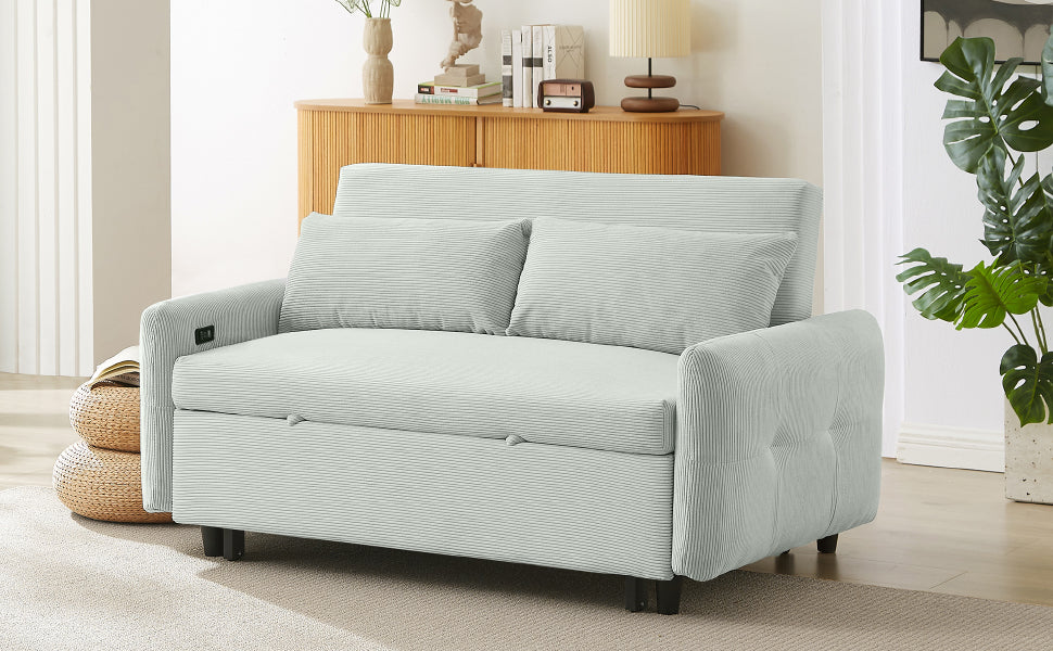 Modern Convertible Pull-out Sofa Bed Loveseat with USB Ports, Light Grey-Green Corduroy, 57.48 Inches