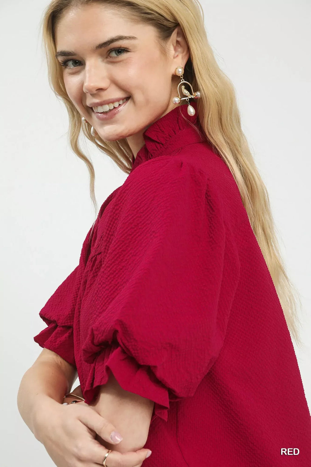 Umgee Textured Smocked Yoke Split-Neck Top