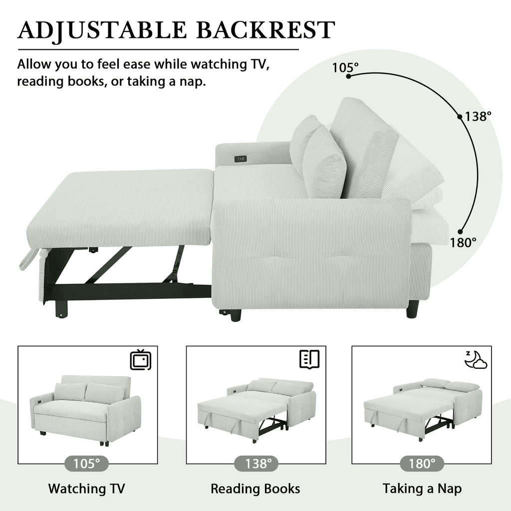 Modern Convertible Pull-out Sofa Bed Loveseat with USB Ports, Light Grey-Green Corduroy, 57.48 Inches