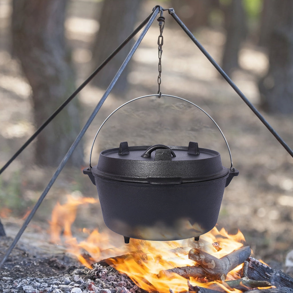 pre-Seasoned Cast Iron Dutch Oven With Skillet Lid, Outdoor Camping Deep Pot for Camping Fireplace Cooking BBQ Baking Campfire, Leg Base, 12 Quart