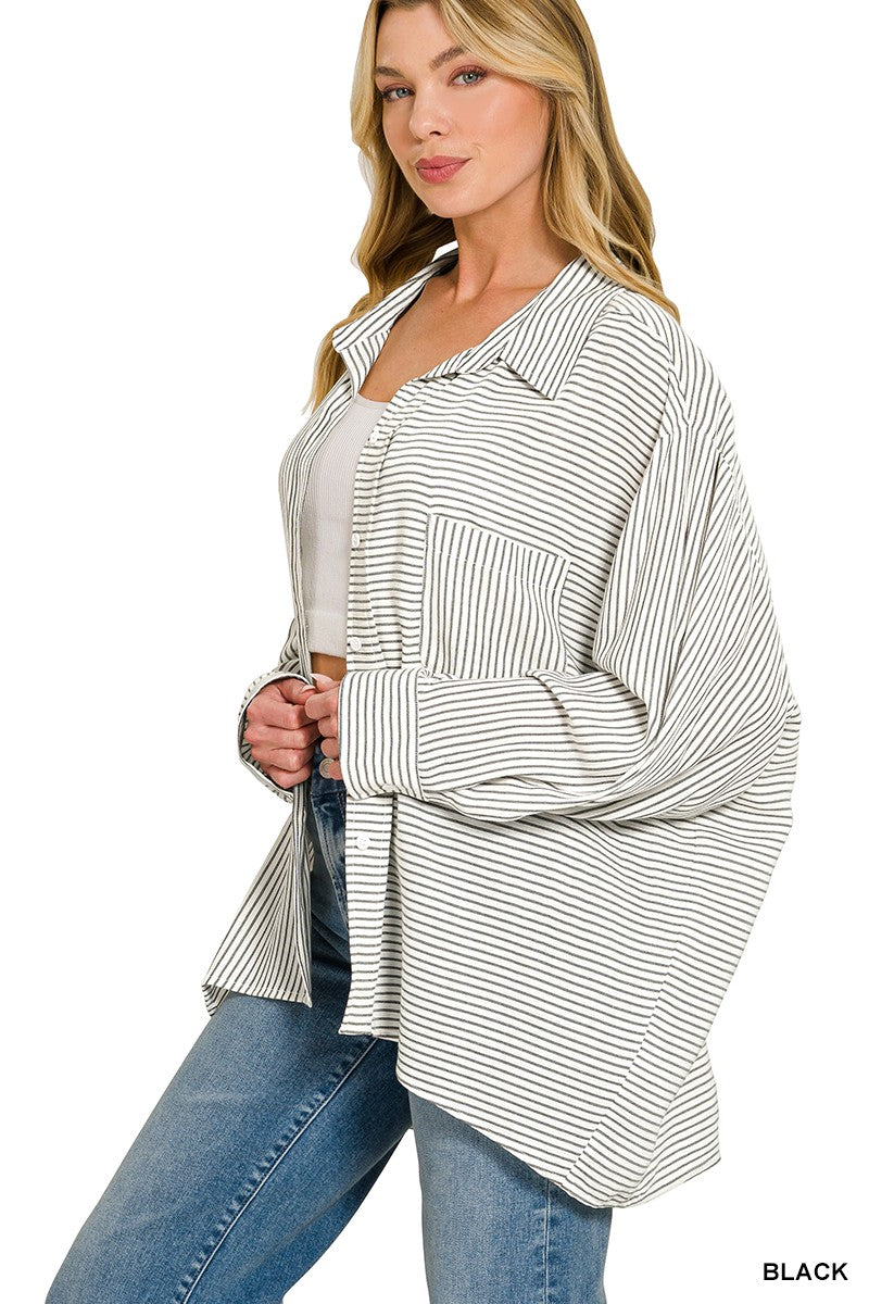 Zenana Woven Stripe Button Down Shirt