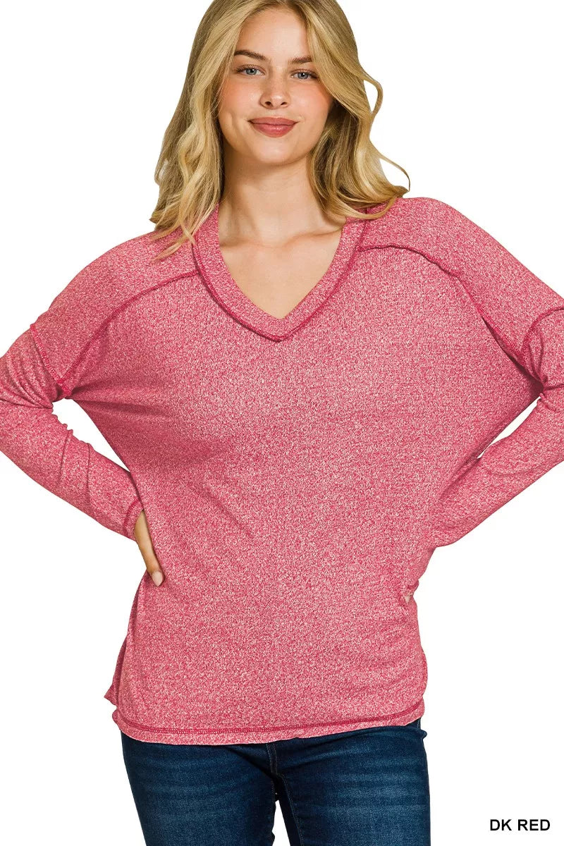 Zenana Soft Melange Hacci Exposed Seam Hi-low Tee