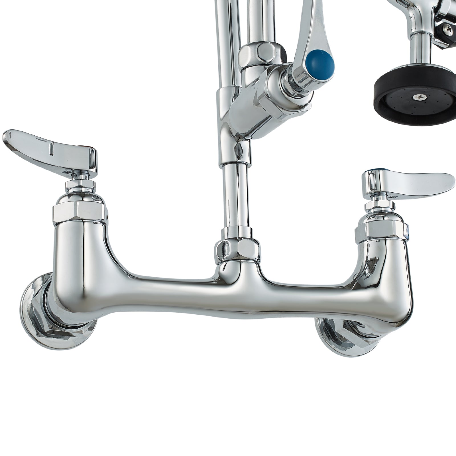 Commercial Faucet with Pre-Rinse Sprayer, 25' Height, 8' Center, 12' Swing Spout, Wall Mount Kitchen Sink Faucet, Brass Constructed Device with Pull Down Spray, for 1/2/3 Compartment Sink