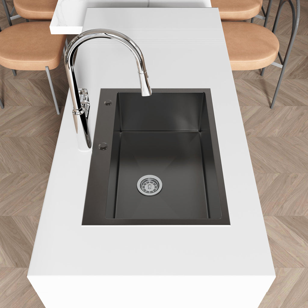 Stainless Steel Kitchen Sink, 27″x19″ Single Bowl, Overmount Handmade Sink in Black, with US Standard Drain and Hook, LS-SSBL01