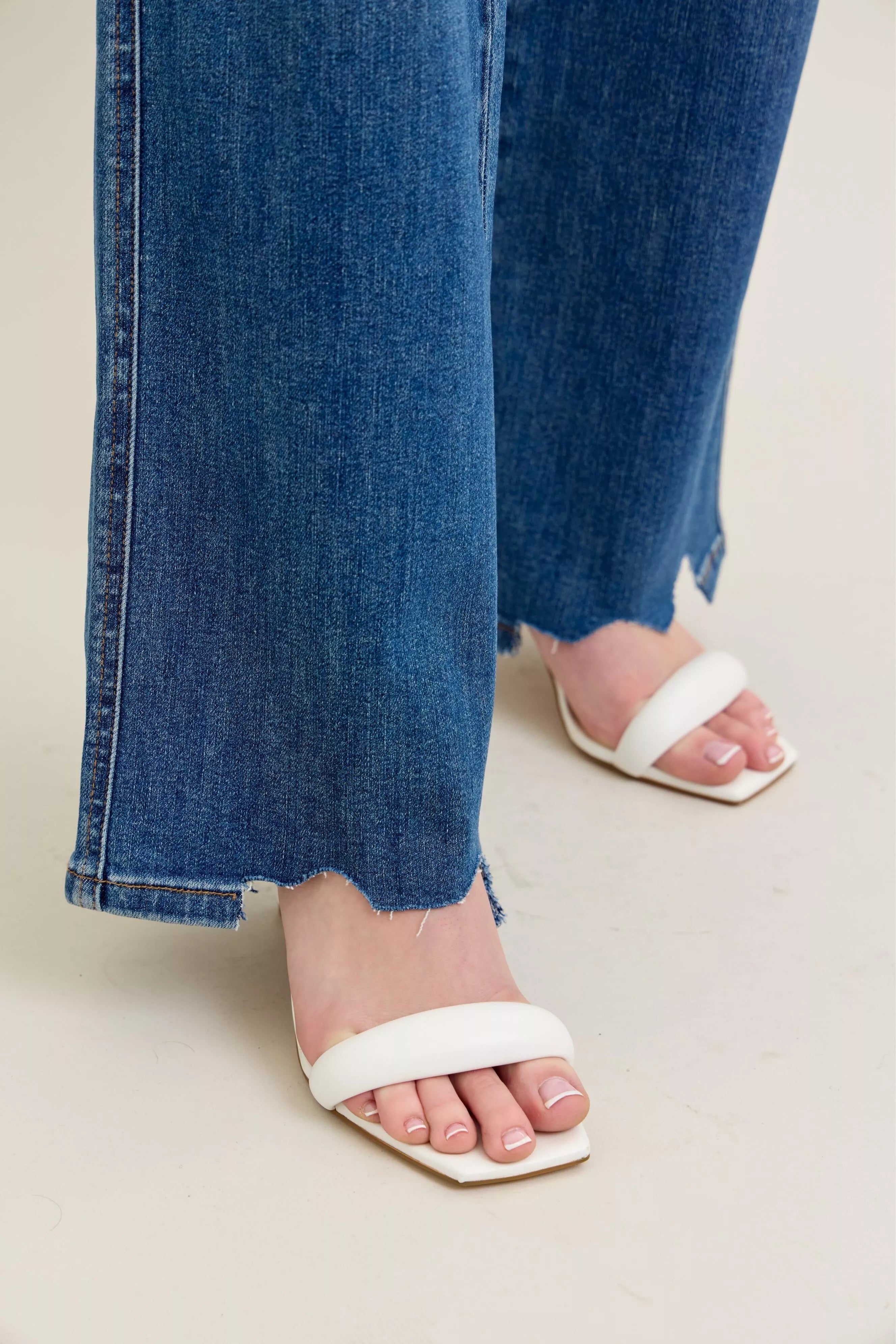 Judy Blue Full Size High Waist Tummy Control Chew Hem Destroyed Wide Jeans Plus Size