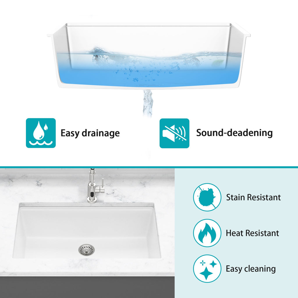 Quartz Kitchen Sink - Workstation Undermount Sink in White Granite Composite, 30' x 19'