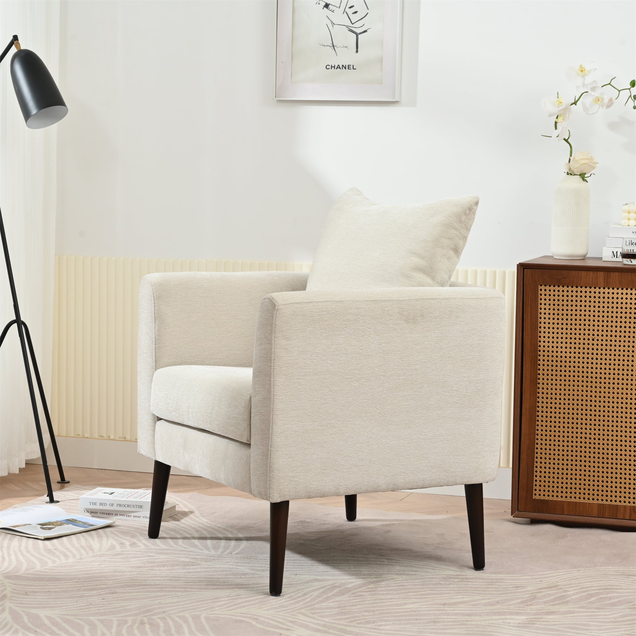 Modern Chenille Accent Chair, Upholstered Armchair for Living Room, Mid Century Fabric Lounge Chair w/Pillow, Comfortable Reading Chair with Wood Legs for Living Room, Bedroom, Reception Room (Beige)