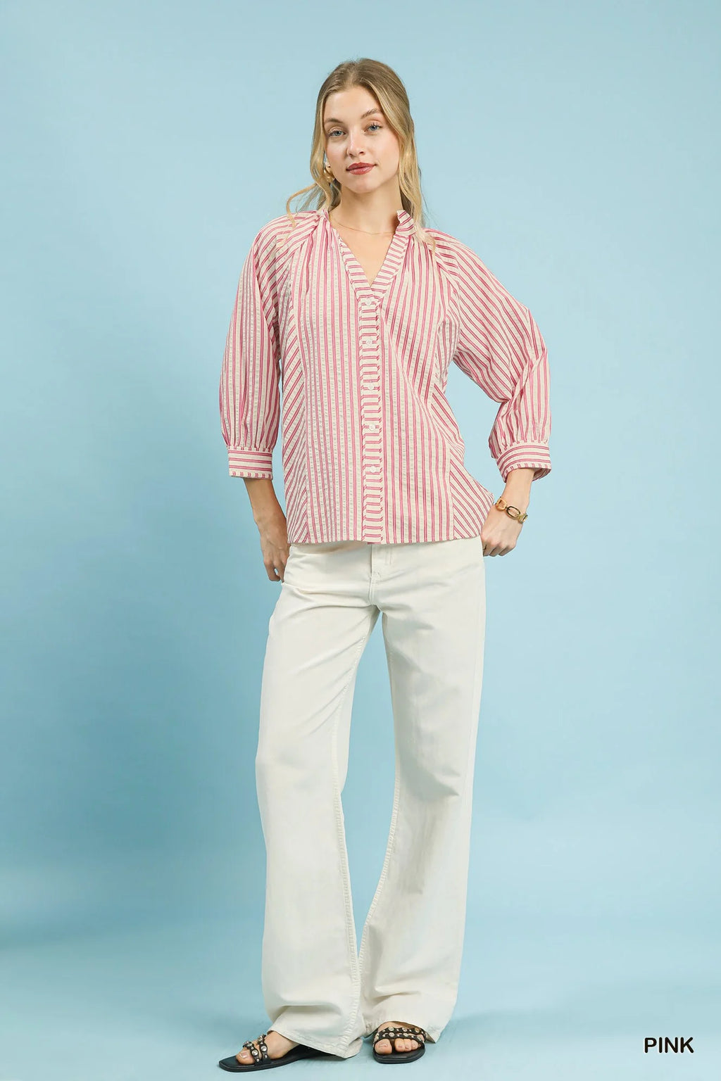 Umgee Striped V-Neck Button Down Top