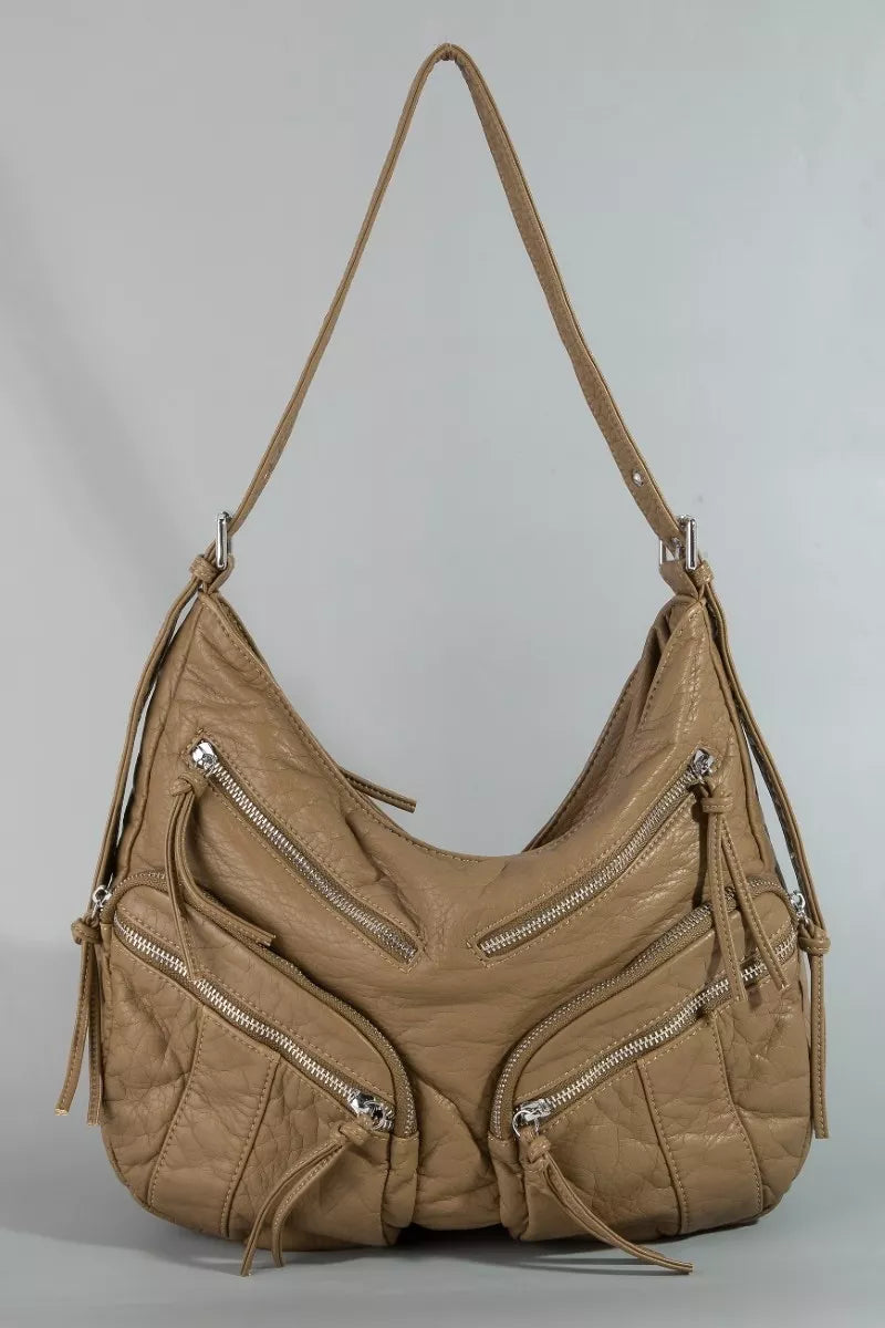 Fame Multi Zipper Pocket Leather Hobo Bag