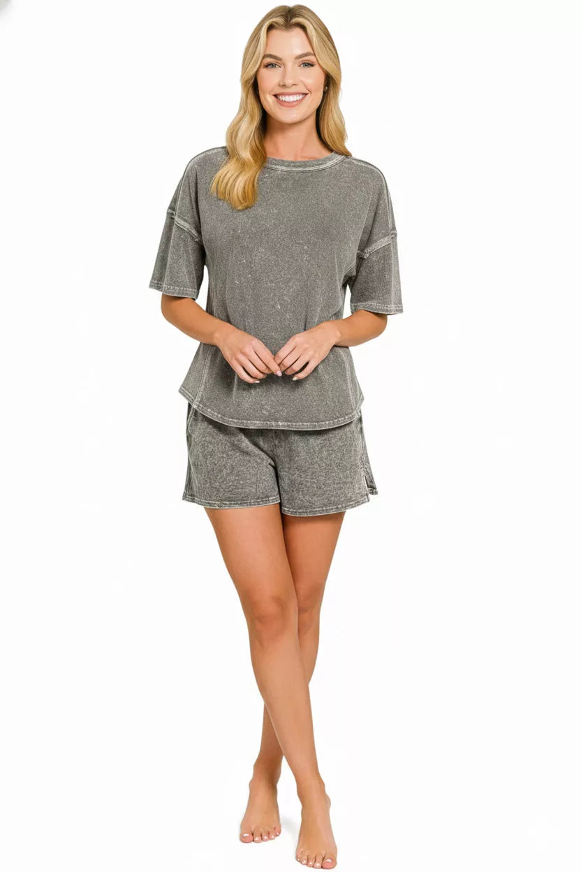 Zenana Halo Snow Washed Short Sleeve Tee and Shorts Set