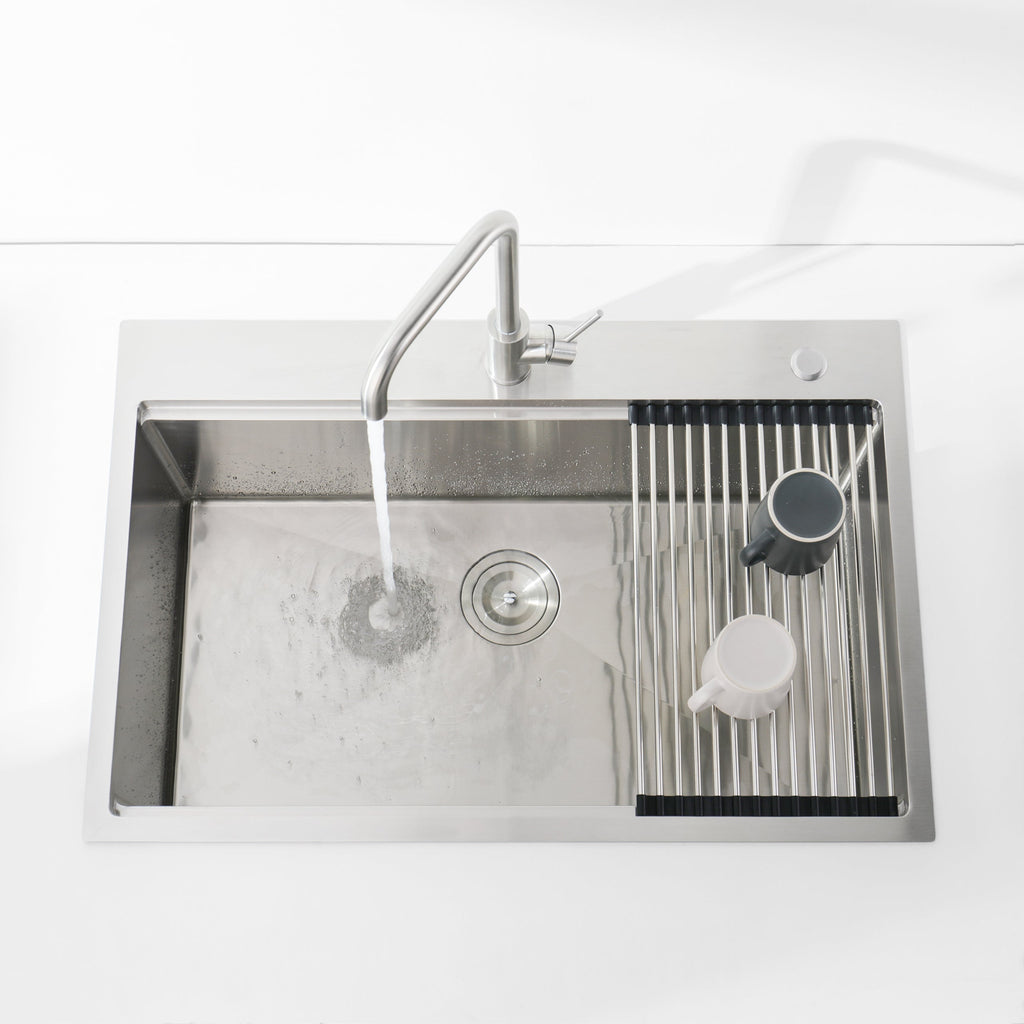 Stainless Steel Kitchen Sink, 36″x22″ Single Bowl, Overmount Handmade Sink in Brushed, with Cutting Board, Colander, Grid, SS-BR01-362208