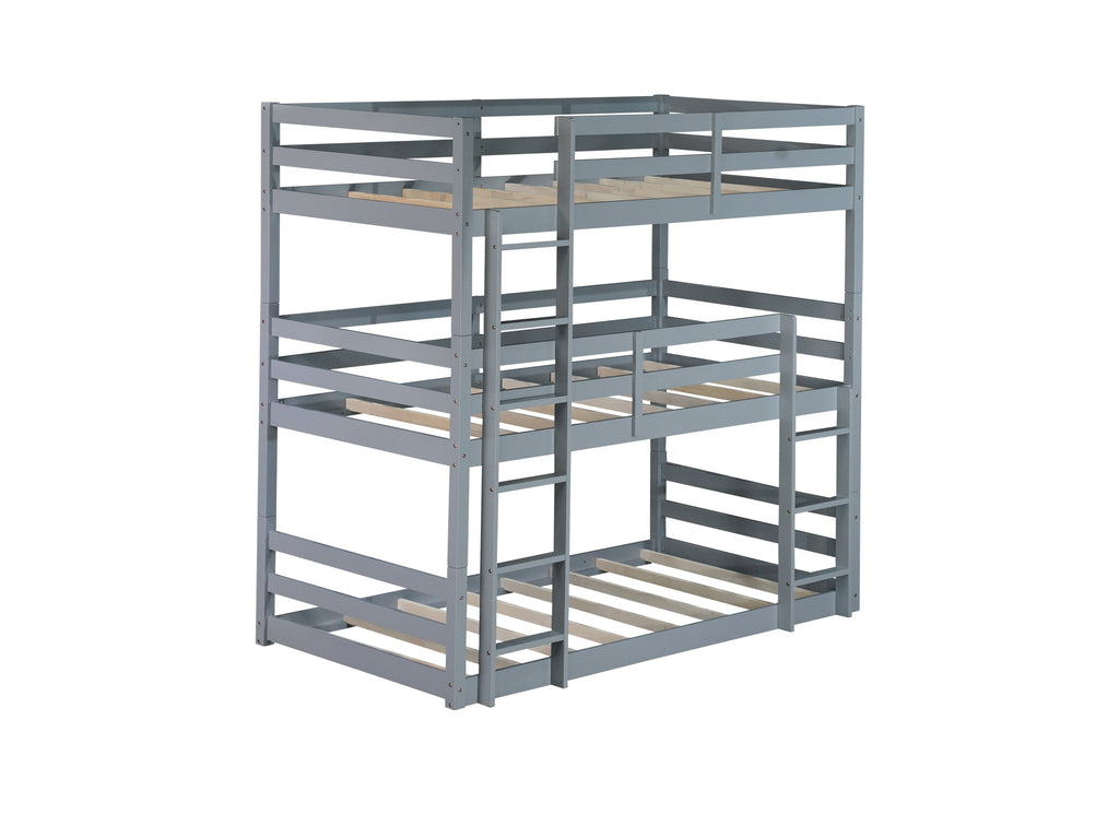 Triple Rubber Wood Bunk Bed with Two Built-in Ladders, Guardrails, Twin over Twin over Twin, Detachable Triple Twin Bunk Bed,Grey