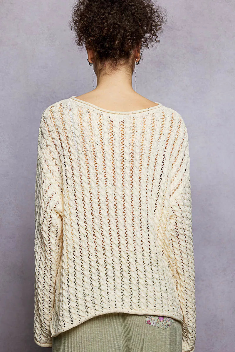 POL Openwork Round Neck Knit Top with Shiny Detail