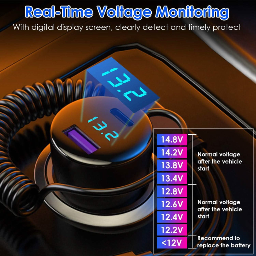 5-in-1 Fast Charge Car Charger QC PD USB Type C LT 5 Port with 4ft Coiled Cable