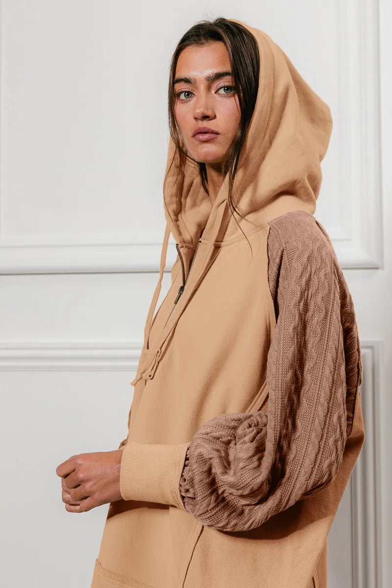 BiBi Half Zip French Terry Hoodie with Kint Sleeves