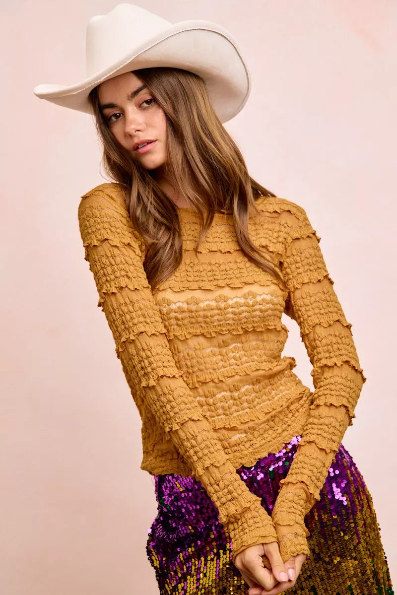 BiBi Ruffles Detail Mardi Gras Color Flower Lace Top
