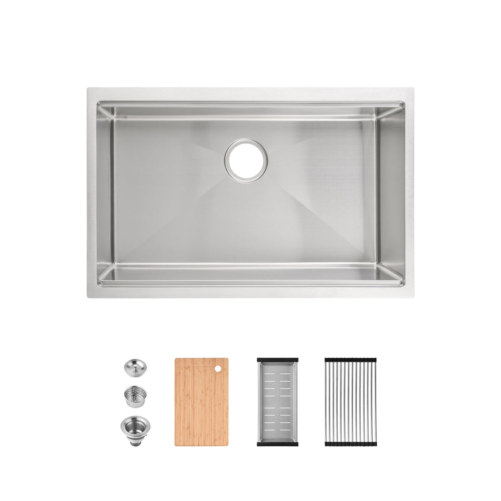 Stainless Steel Kitchen Sink, 30″x19″ Single Bowl, Undermount Handmade Sink in Brushed, with Cutting Board, Colander