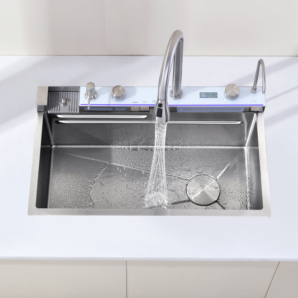 Pull-out Facuet Single Bowl Sink Kitchen Vegetable Sink 304 Whale Waterfall Sink Stainless Steel Dish Sink Vegetable Sink Household Vegetable Washing Basin, Dark Gray