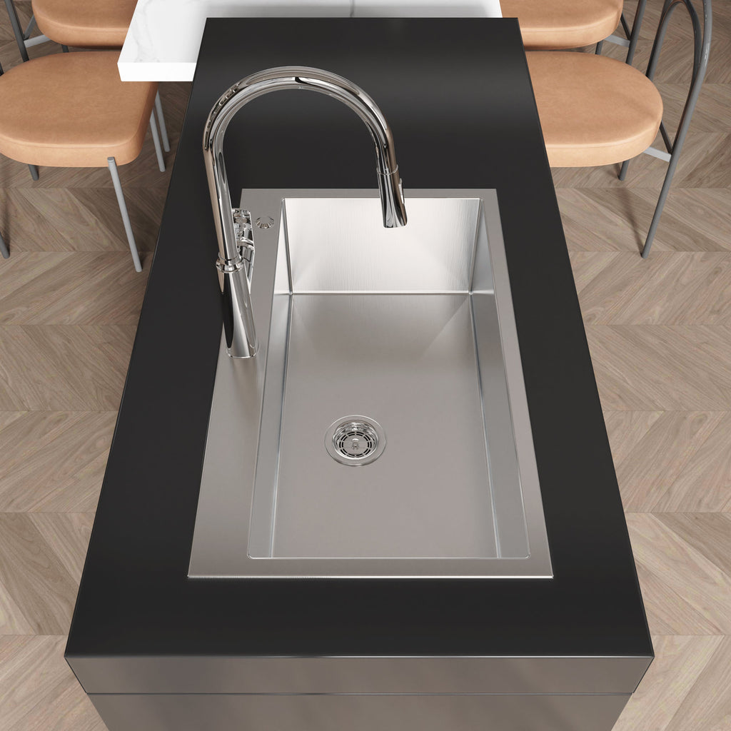 Stainless Steel Kitchen Sink, 32″x19″ Single Bowl, Overmount Handmade Sink in Brushed Nickel, with US Standard Drain and Hook, LS-SSBR02