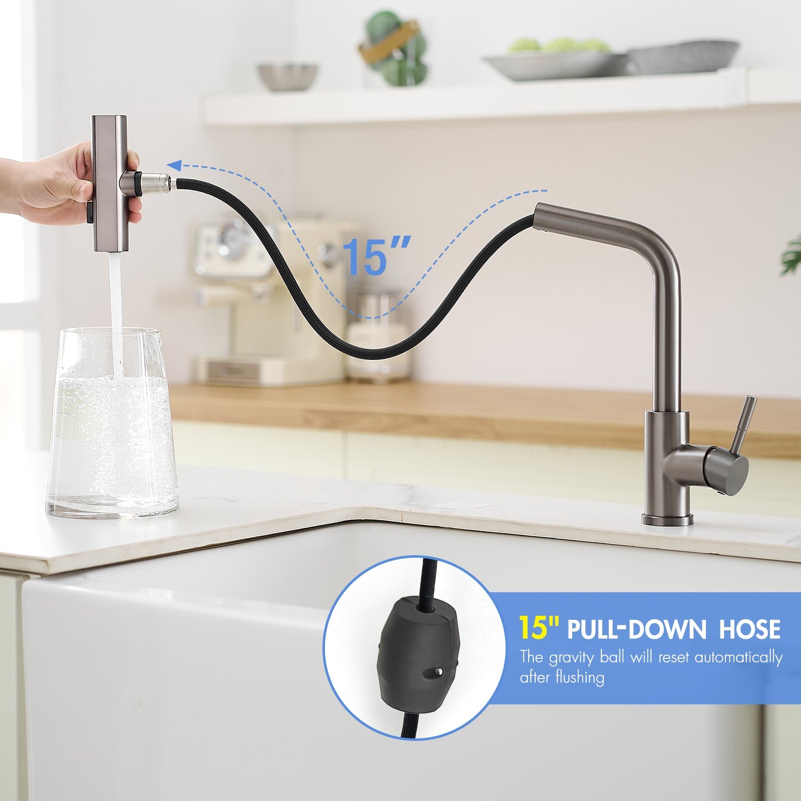 360° Rotation Pull-Down Kitchen Faucet with 3 Spray Modes -Gun Grey /Stainless Steel High-Arc Sink Faucet