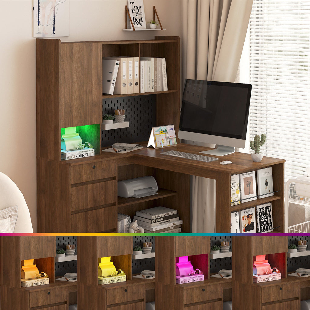 L Shaped Desk,Computer Desk with Drawers,Bookshelf,with LED Light,Modern Corner Desk,Home Office Desk,L-Shaped Study Table Writing Desk,Corner Gaming Computer Desk with Storage