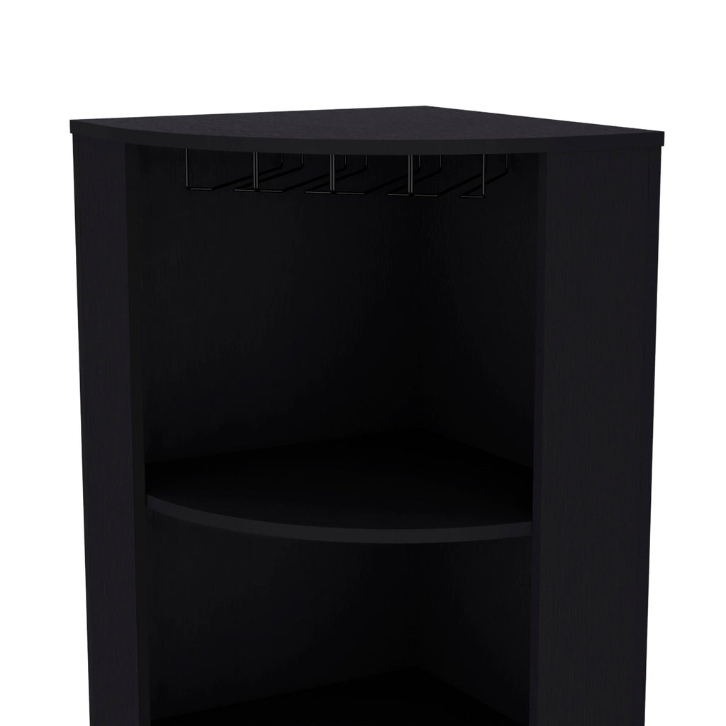 Oban Corner Bar Cabinet with Five Shelves , Eight Bottle Cubbies and Steamware Black